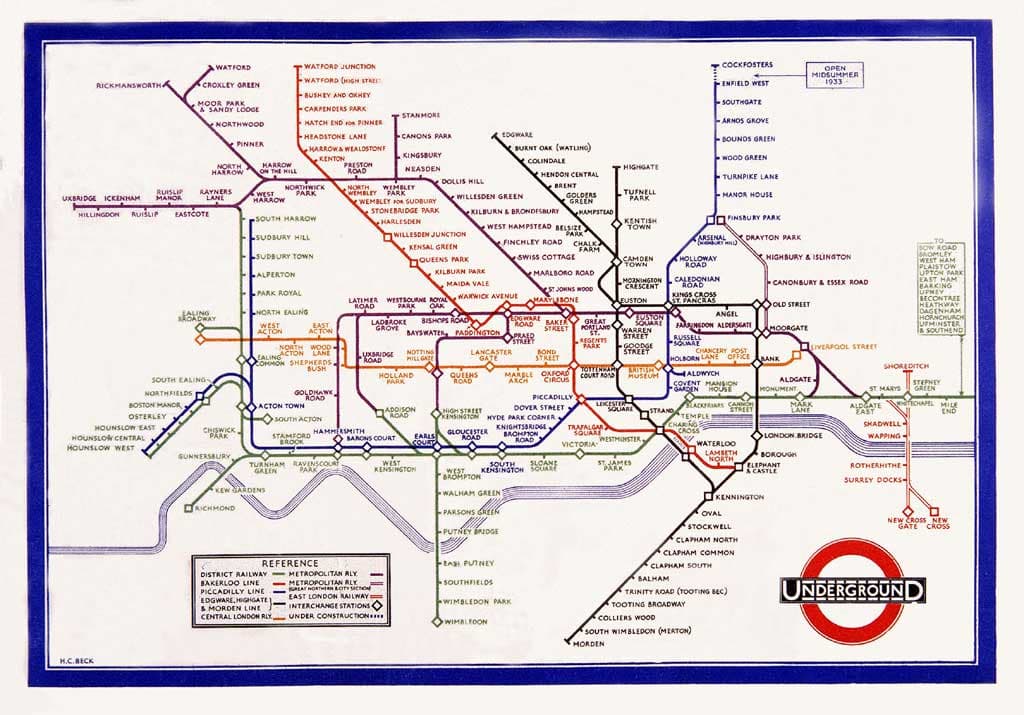 Harry Beck's 1933 London Underground map using topological diagram design