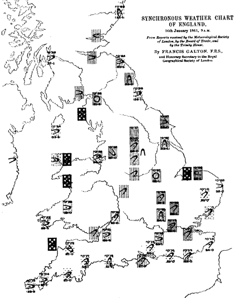 Francis Galton's 1875 weather map published in The Times showing pressure and wind patterns across Europe